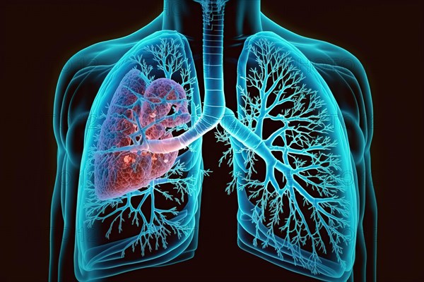 Schematic representation of a lung with bronchi and bronchioles as well as expression of a metastatic lung carcinoma