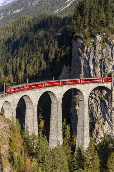 Landwasser Viaduct with train and locomotive