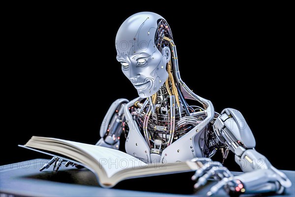 A humanoid AI robot reads in a dictionary