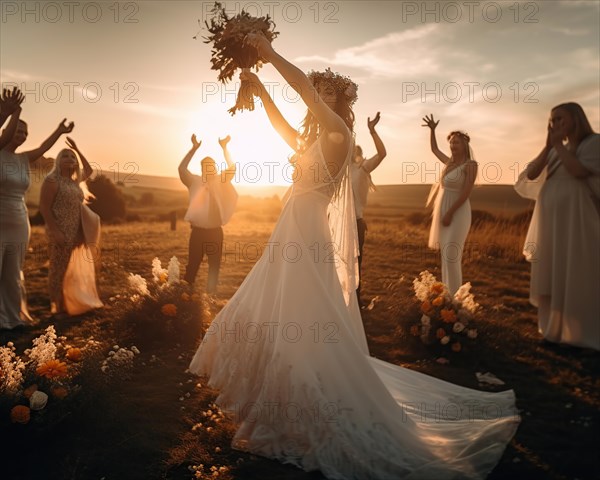 A happy bride tosses the bridal bouquet