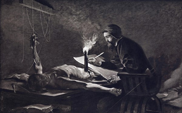 Photogravure of Michelangelo drawing a corpse by candlelight