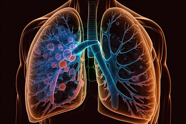 Schematic representation of a lung with bronchi and bronchioles as well as expression of a metastatic lung carcinoma