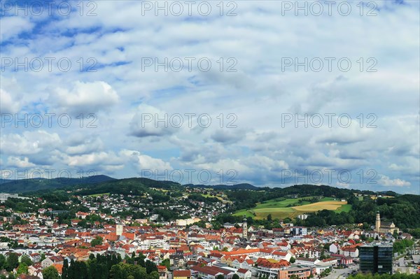 Aerial view of Deggendorf with a view of the historic old town. Deggendorf