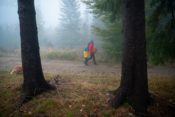 Mum and her little son go on a mountain trail in wet autumn weather. They are accompanied by a dog. Polish mountains