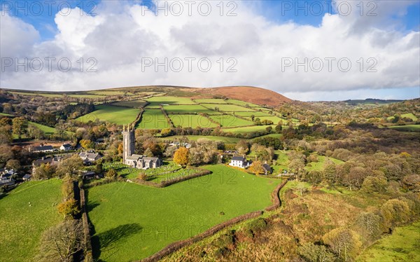 St Pancras Church in Widecombe in the Moor from a drone