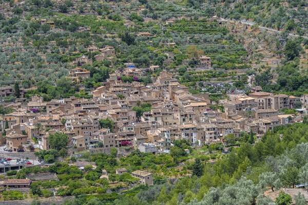 View of typical houses of the mountain village Fornalutx with mountain landscape