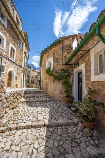 Alley with typical stone houses and flower pots