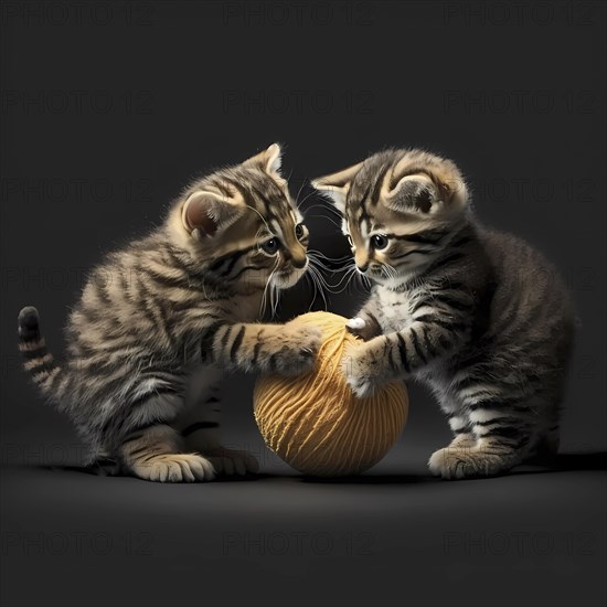 Small domestic cats play with a ball of yarn in front of a black background