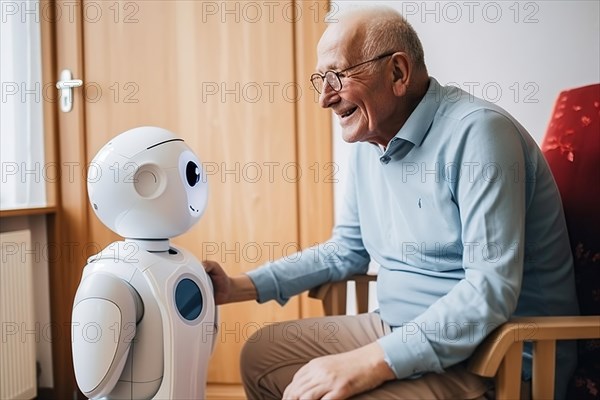 An elderly man in a retirement home has fun with a sweeping robot