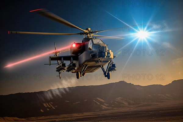 Combat helicopter fires laser cannon at a target