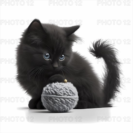 Small domestic cats play with a ball of wool in front of a white background