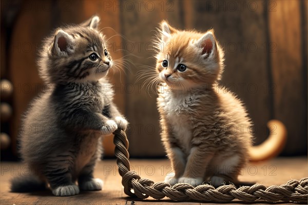 Two furry young cute kittens at play