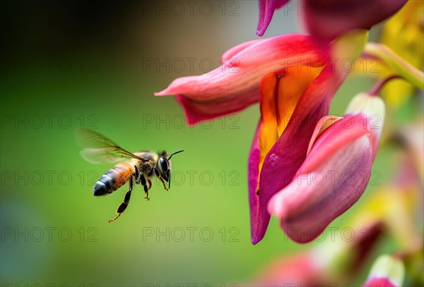 A honey bee approaching a red flower
