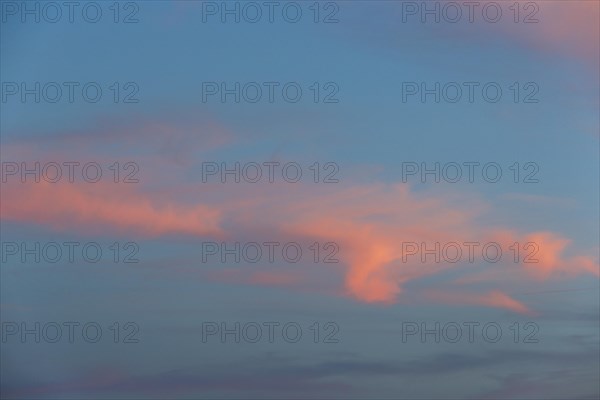 Cloudy sky at dawn. Cloud formations lit by the vibrant pinkish colour of the sunlight. Blue sky is the background. Aargau