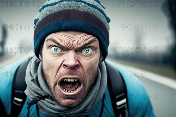 Angrily screaming hiker with a crazy look on a country road