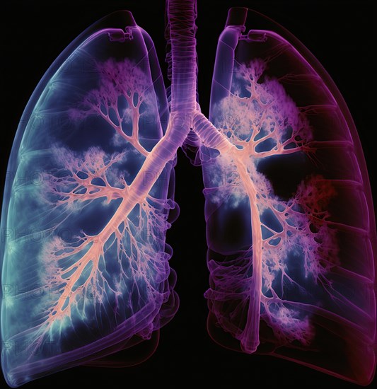 Schematic representation of the X-ray image of the lung with bronchi and bronchioles as well as expression of a metastatic lung carcinoma