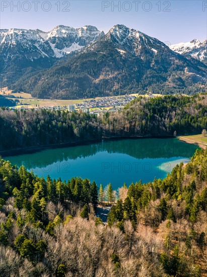 Lake in the forest with mountain panorama