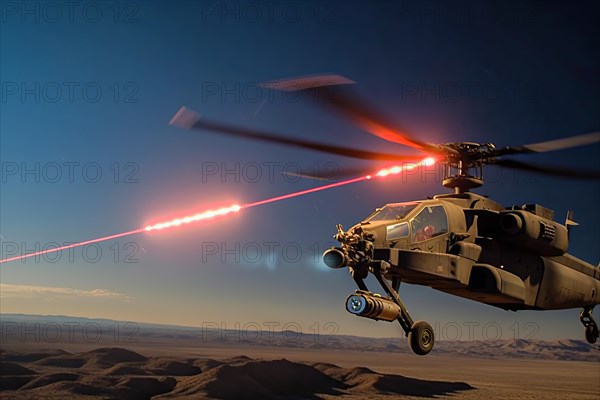 Combat helicopter fires laser cannon at a target