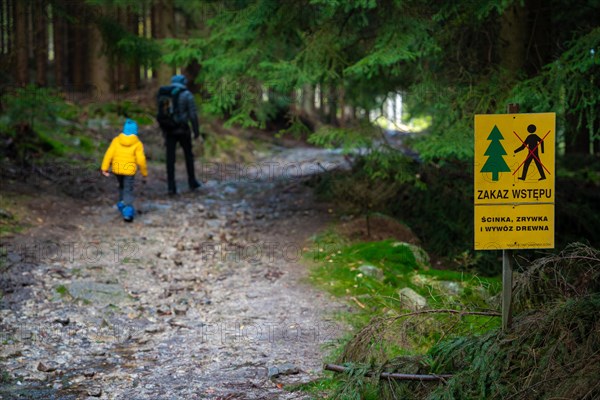 Mum and her little son go on a mountain trail in wet autumn weather.