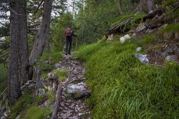 Tourist crossing the via ferrata trail with equipment in the dolomites. Dolomites