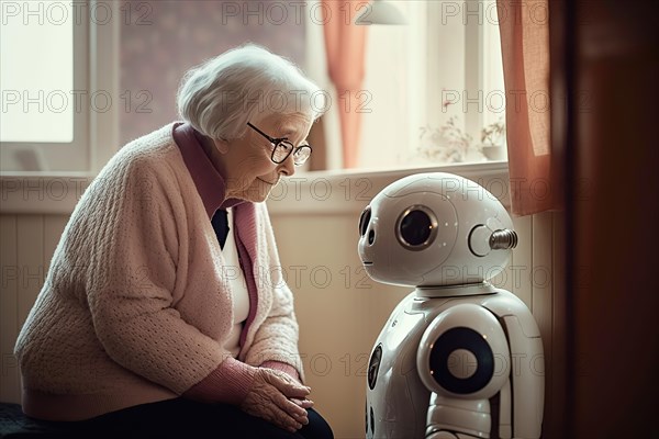 Cute nursing robot talks to a white-haired old lady in a retirement home