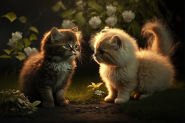 Two furry young cute kittens at play