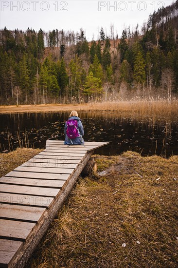 Hiker with backpack sitting on footbridge at lake