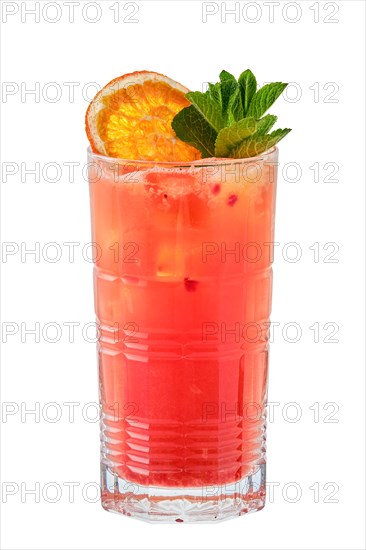 Tall glass of cold bloody orange lemonade isolated on white background