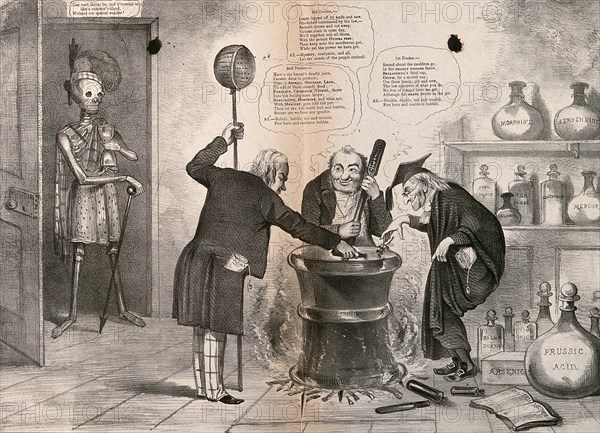 A skeletonised figure watching three doctors around a cauldron