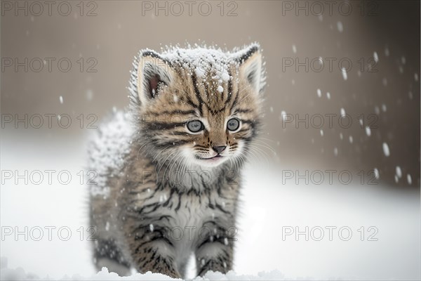 A snow leopard cub frontal view in the snow