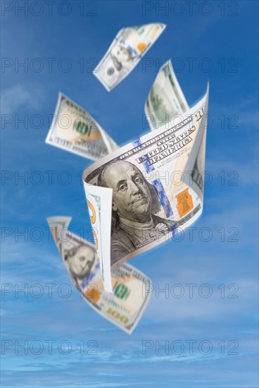 Set of falling or floating $100 bills United States currency