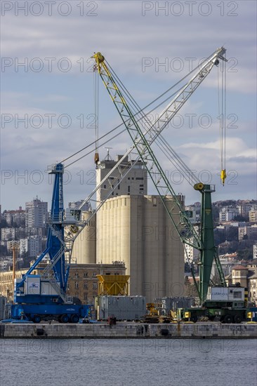 Two crossed harbour cranes on the pier and a grain silo in the middle