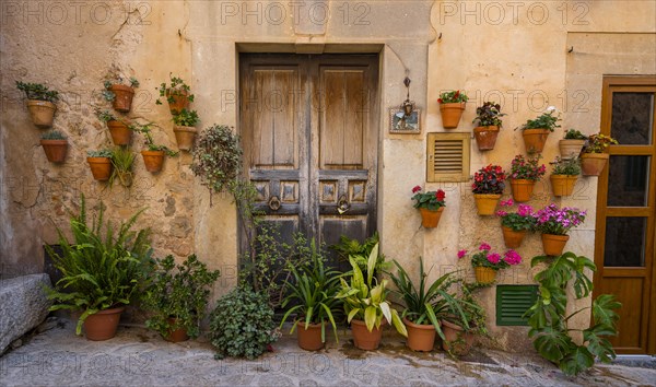 House entrance decorated with flower pots