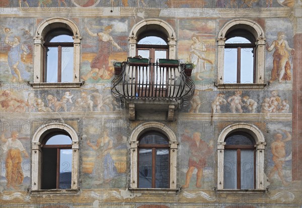 House facades with frescoes on the market square of Trento