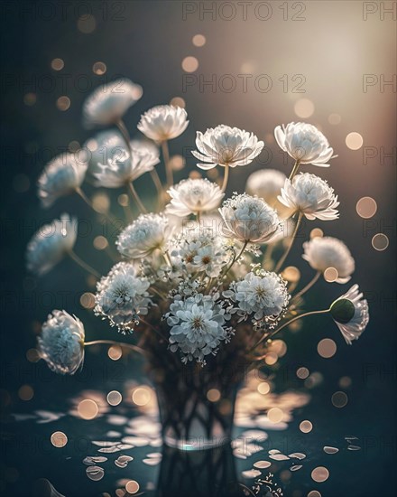 A white bouquet of flowers in a glass vase