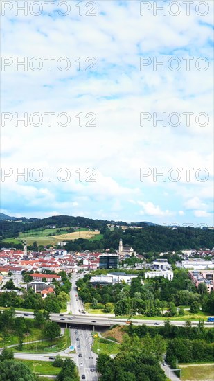 Aerial view of Deggendorf with a view of the historic old town. Deggendorf