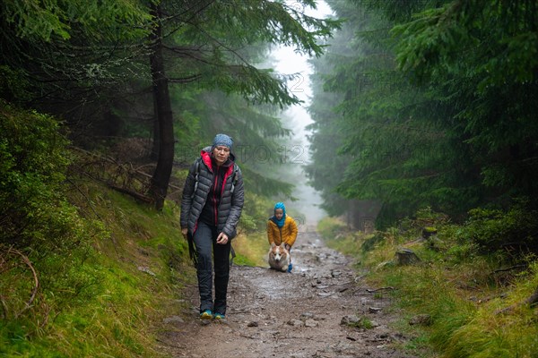 Mum and her little son go on a mountain trail in wet autumn weather. They are accompanied by a dog. Polish mountains