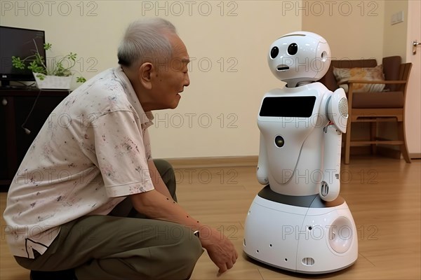 An elderly Asian man in a retirement home has fun with a nursing robot