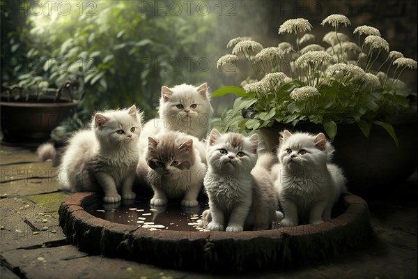 Five furry young cute kittens at play in a flower garden