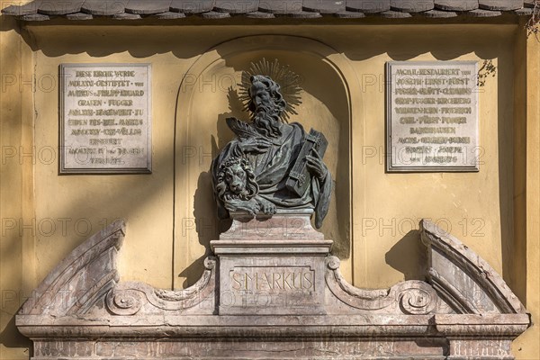 Sculpture of St Mark above the entrance portal of St Marks Church