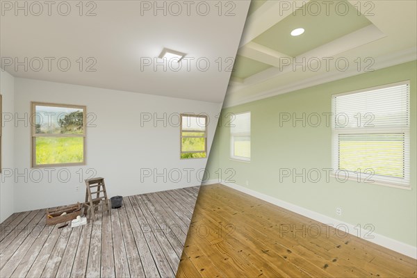 Light green before and after of master bedroom showing the unfinished and renovation state complete with coffered ceilings and molding