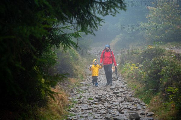 Mum and her little son go on a mountain trail in wet autumn weather. They are accompanied by a dog. Polish mountains