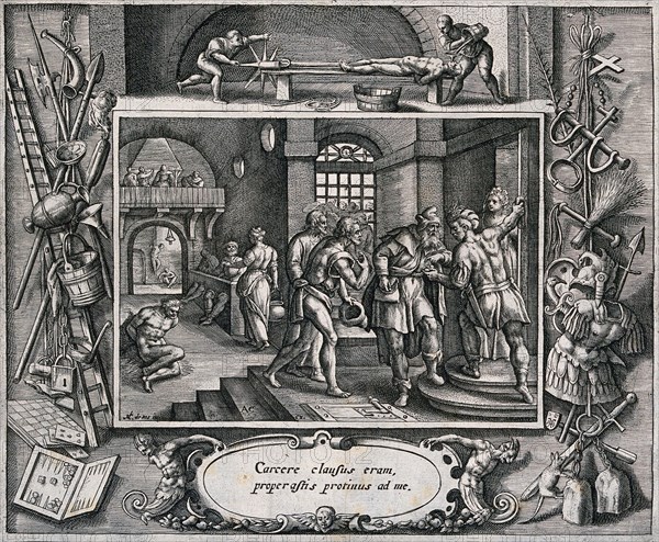 A prison guard receives money for freeing a prisoner from the torture chamber. Engraving by AC after M. de Vos. The torture chamber is populated by men in various rods and men writhing in pain The image is surrounded by depictions of torture and torture implements
