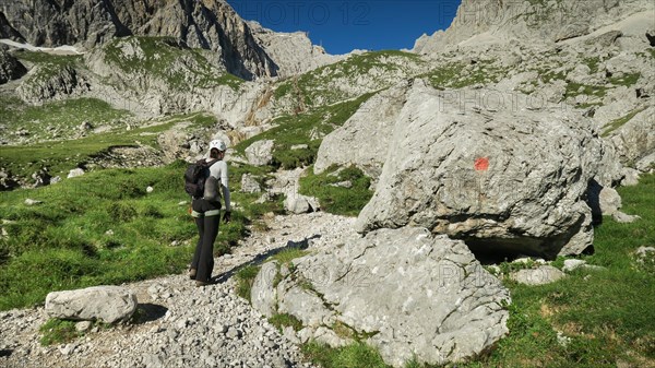 Tourist with equipment on a mountain trail in the Alps. Zugspitze massif