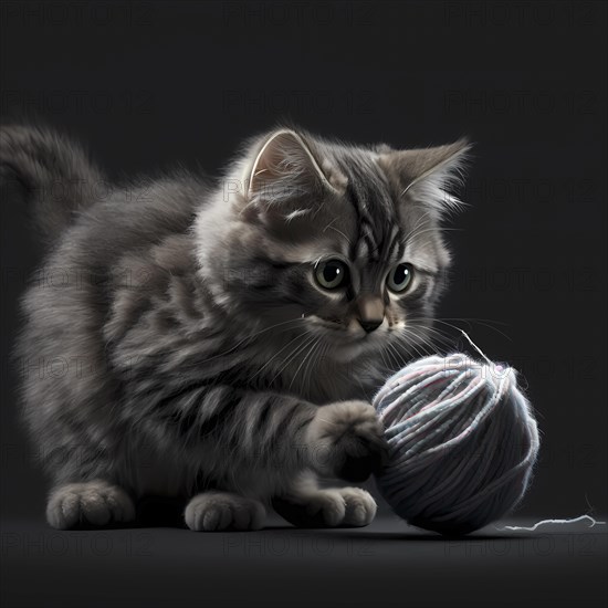 Small domestic cats play with a ball of yarn in front of a black background