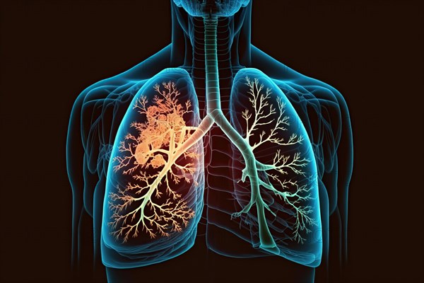 Schematic representation of a lung with bronchi and bronchioles as well as expression of a metastatic lung carcinoma