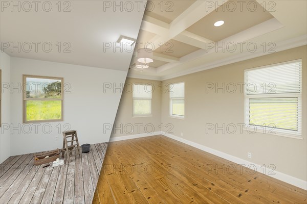 Tan before and after of master bedroom showing the unfinished and renovation state complete with coffered ceilings and molding