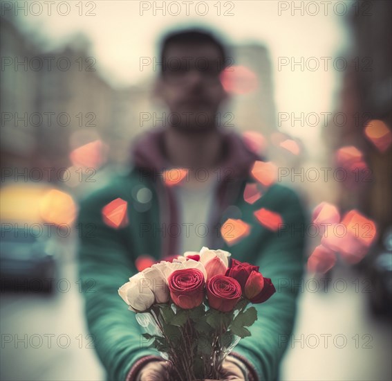 A man with dark hair holds a large bouquet of roses