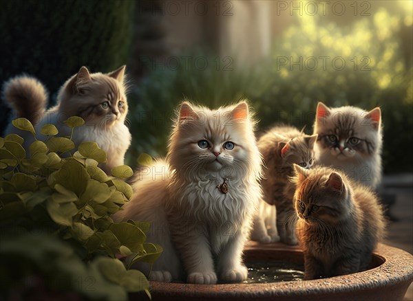 Five furry young cute kittens in a flower garden