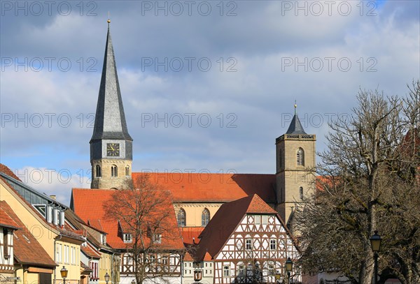 The historic old town of Muennerstadt with a view of the church of St. Maria Magdalena. Muennerstadt